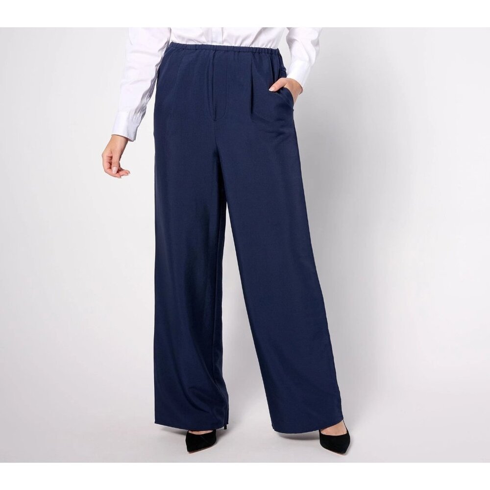 Studio Park x Amy Stran Pant Size Large Regular Wide Leg Pleated Navy Business